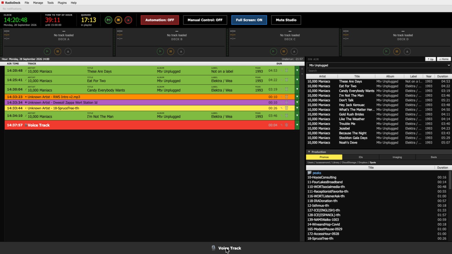 RadioDeck live playout screen with a loaded hour: songs, imaging, a station ID, a promo, and a voice track